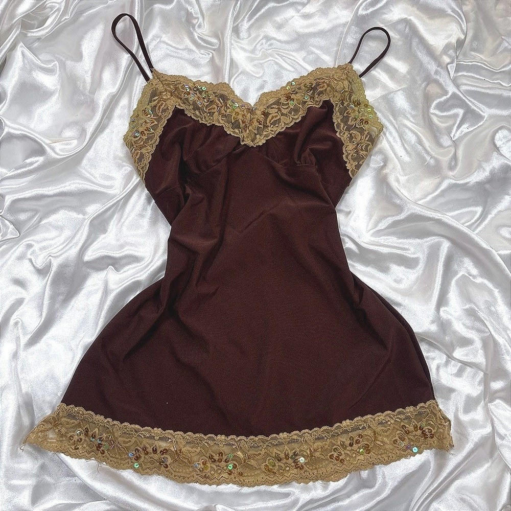 y2k Blu Heaven Camisole Brown Excellent Lace Sequin Beaded Slip Top PC4487 S